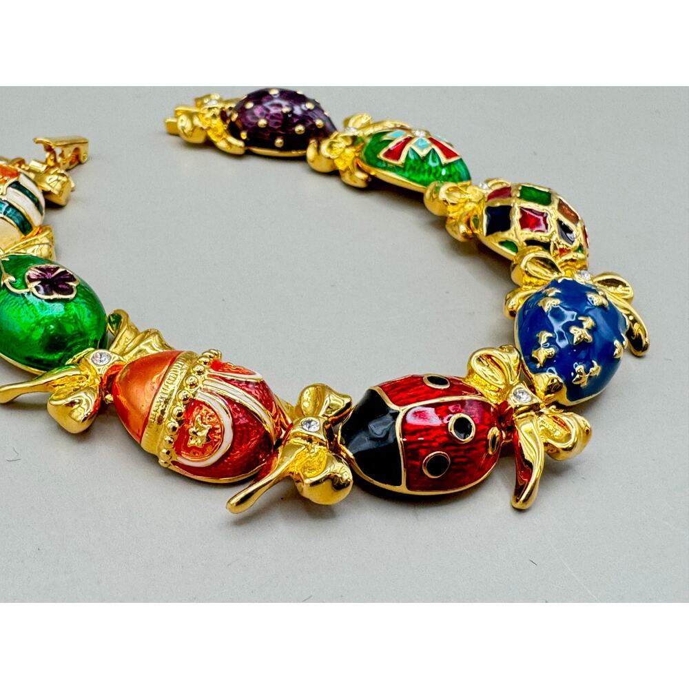 Vintage Joan Rivers Enamel Egg Bracelet with Ladybug Faberge Style